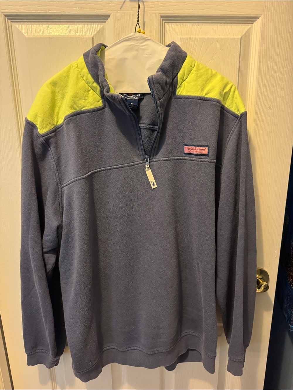 Vineyard Vines Men’s Blue Shep Quarter-Zip with Neon Yellow Shoulder
